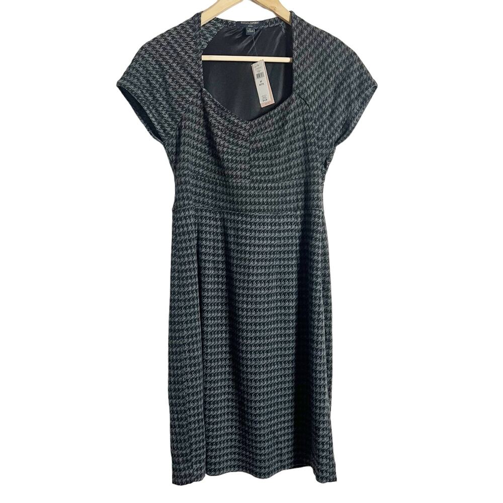 Banana Republic Black Gray Houndstooth Cap Sleeve Sheath Dress 8 Petite